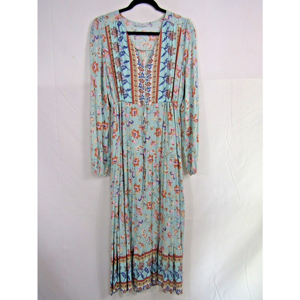 VTG R Vivimos Floral Cotton Rayon Dress sz M Boho Tiered Adjustable Waist Cottag